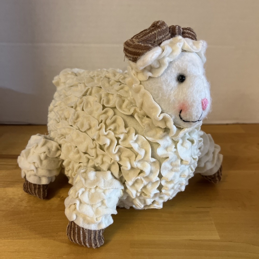 Mary Had A Little LAMB Sheep ewe Rosette Fur Wool Plush Figurine Weighted